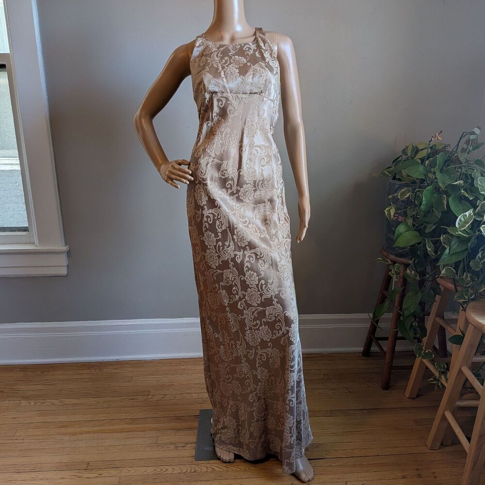 Vintage Y2K Tracy Evans Nites Prom Gown Maxi Slip Dress Floral Gold Tan Size 7/8